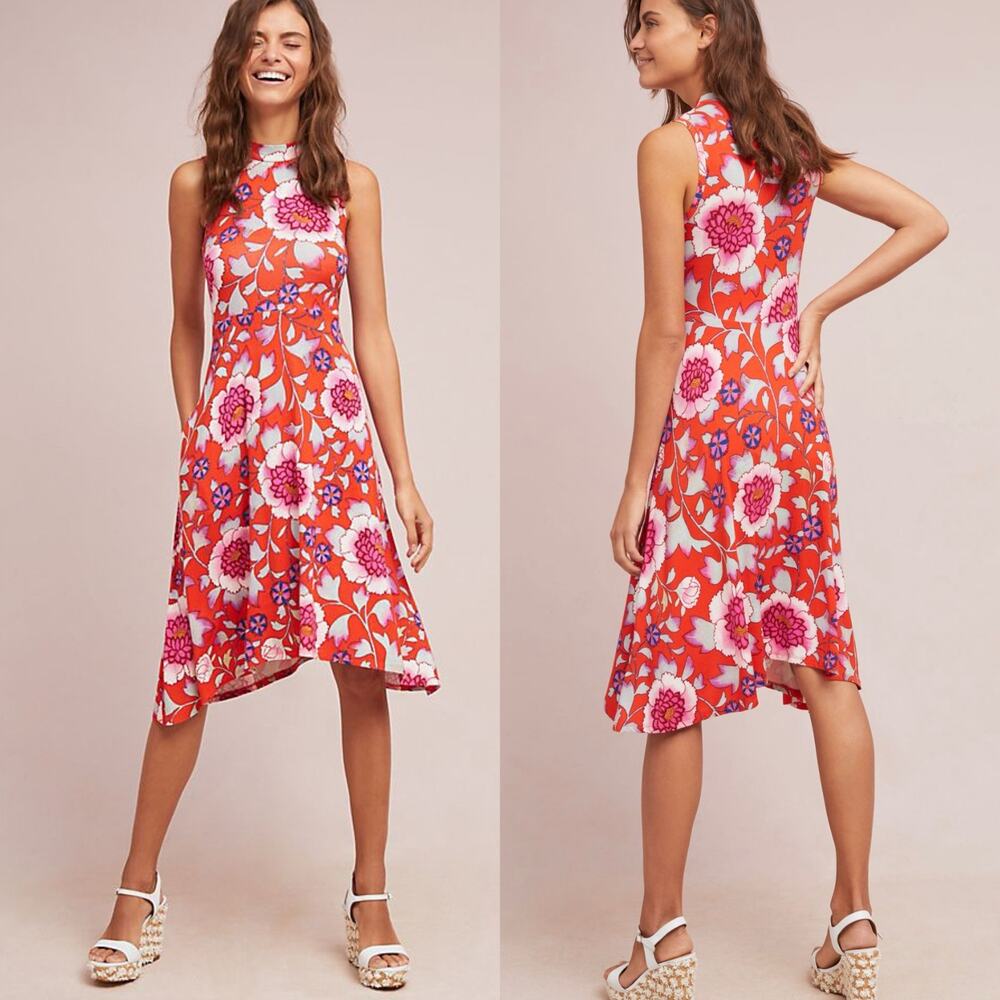 Maeve by Anthropologie Clearly Red Floral Mock Neck Swing Dress Women’s XL